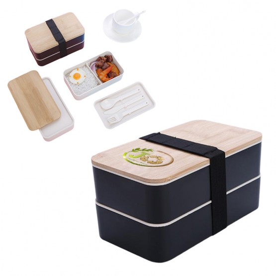 Eco-Friendly Bamboo Lid Bento Double Decker With Wheat Tableware