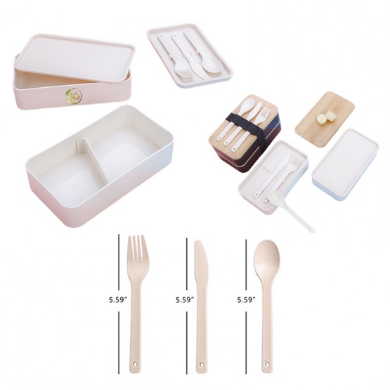 Eco-Friendly Bamboo Lid Bento Double Decker With Wheat Tableware