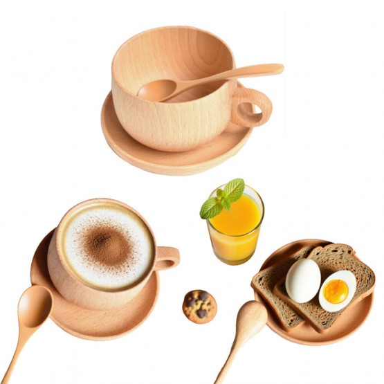 Beech Wood Coffee Cup 3-Piece Set